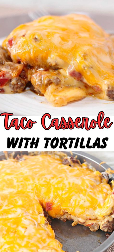 Taco Casserole Recipe with Tortillas is an ideal weeknight dinner for busy families and a fun twist on traditional taco night. It’s so easy to put together, and the whole family will love it. You can even put it together the night before, throw it in the fridge, and bake it the next day. Your entire family will beg you to make this layered taco casserole recipe for them weekly. Recipe With Tortillas, Tortilla Meals, Taco Casserole With Tortillas, Mexican Recipies, Cabbage Wedges, Taco Pie Recipes, Layered Taco, Coco Puffs, Baked Tacos Recipe