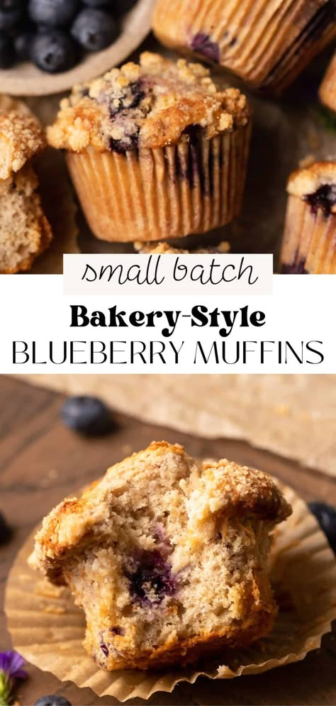 Soft, buttery small batch blueberry muffins are topped with sweet crumbly streusel for a delicious breakfast or mid-day treat! These homemade muffins have bursts of juicy blueberries in every bite and are sure to taste absolutely heavenly. This recipe makes 6 muffins topped with streusel. Best Moist Blueberry Muffin Recipe, Bakery Style Blueberry Streusel Muffins, Small Batch Blueberry Recipes, 6 Muffin Recipe, Small Batch Breakfast Recipes, Small Batch Muffin Recipe, Blueberry Muffins Small Batch, Blackberry Muffins Healthy, Small Batch Muffins