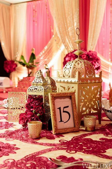 An Exotic & Colorful Bollywood Quinceanera Theme - Quinceanera Indian Wedding Centerpieces, Moroccan Wedding Theme, Sangeet Decor, Curvy Wedding, Moroccan Theme, Indian Theme, Indian Wedding Ideas, Quinceanera Themes, Henna Night