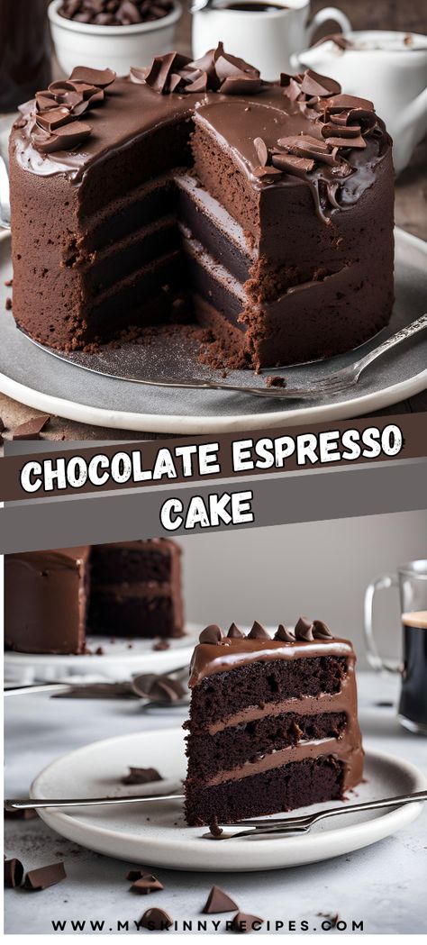 🍫☕️ Indulge in the rich flavors of Chocolate Espresso Cake! Moist chocolate layers infused with bold espresso, topped with a velvety espresso ganache. Perfect for coffee enthusiasts and special occasions. #ChocolateEspressoCake #DecadentDesserts #CoffeeLovers #BakingInspiration #myskinnyrecipes 🍰 Coffee Chocolate Cake Recipe, Expresso Cake Recipes, Best Chocolate Cake Recipe Moist, Coffee Chocolate Cake, Coffee Flavored Cake, Espresso Chocolate Cake, Chocolate Coffee Cake, Espresso Martini Cake, Chocolate Espresso Coffee Cake