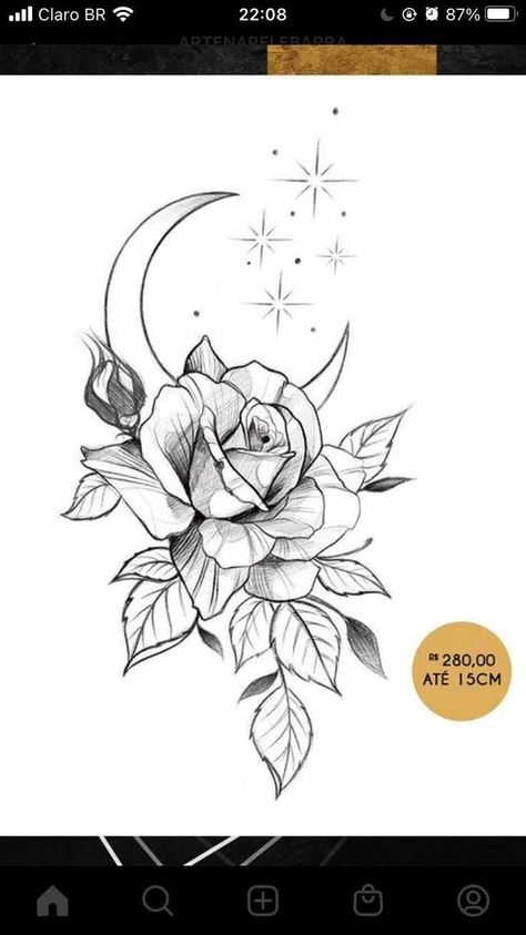 Moon Floral Tattoo Designs, Roses And Moon Tattoo, Moon Star Flower Tattoo, Rose And Moon Tattoo Design, Flowers Moon Tattoo, Moon Sleeve Tattoos For Women, Palm Size Tattoos Ideas For Women, Flower Moon Tattoo Designs, Moon And Rose Tattoo