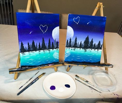 Couple Painting Together, Couple Crafts Together Projects, Best Friend Painting Ideas, Painting Date Ideas, Couples Painting, Painting Date, Sky Heart, Couples Night, Couples Canvas Painting