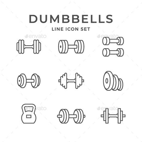 Set Line Icons of Dumbbells by moto-rama | GraphicRiver Weight Drawing Gym, Weights Drawing Simple, Work Out Doodles, Fitness Symbols Icons, Dumbell Doodle, Gym Doodle Art, Strength Doodle, Weight Plate Tattoo, Workout Drawings Art