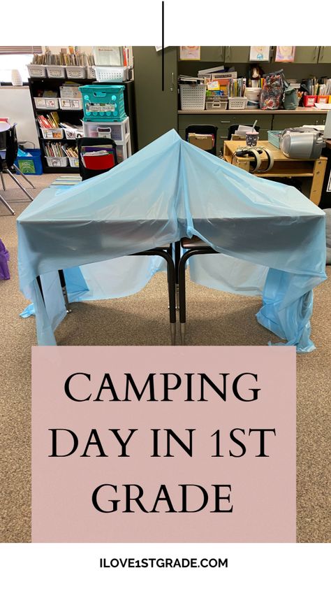 3rd Grade Camping Activities, Last Day Of School Camping Theme, Campout Day At School, Camping Day Activities In The Classroom, Camp Day Activities, Desk Tent Classroom, School Camping Day, Tent In Classroom, Camp Day In The Classroom