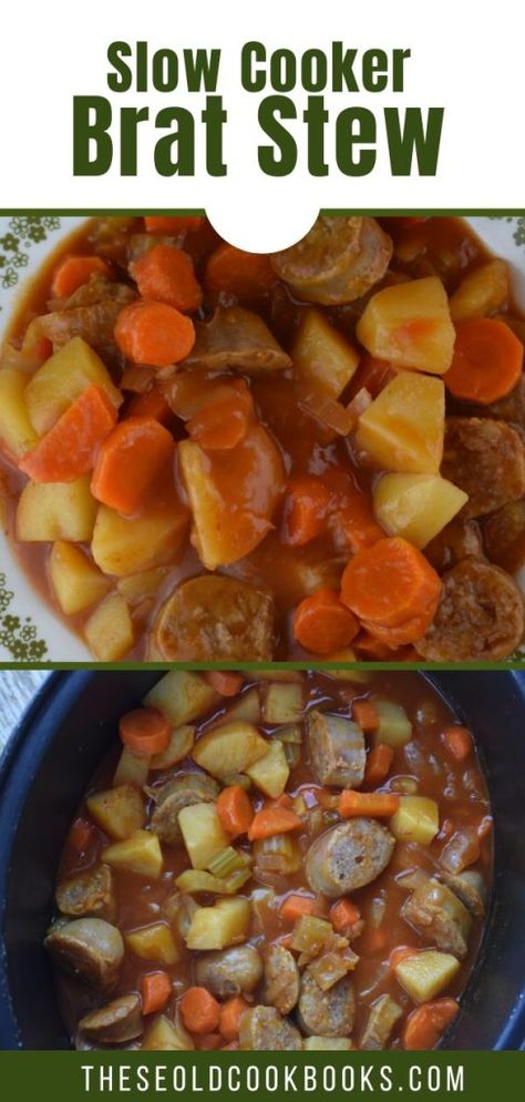 Slow Cooker Bratwurst Casserole Recipe - These Old Cookbooks Pork Bratwurst Recipes, Crock Pot Bratwurst, Cooked Bratwurst Recipes, Vintage Crockpot Recipes, Crockpot Brats And Potatoes, Slow Cooker Bratwurst Recipes, Bratwurst Slow Cooker Recipes, Slow Cooker Bratwurst, Brat Casserole Recipes