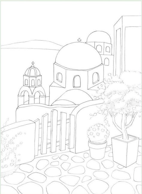 Drawing Of Greece, Greece Drawing, Fun Coloring Pages For Kids, Canvas Sketch, Educational Coloring Pages, Greece Painting, Greek Paintings, Architecture Drawing Sketchbooks, Fun Coloring Pages