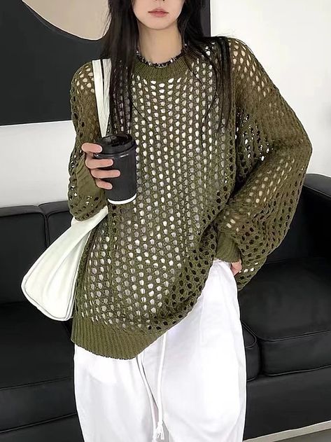 Dark Green Shirt, White Knitwear, Grunge Streetwear, Pullover Sweater Women, Knitted Tshirt, Knitted Jumper, Solid Tops, Sweaters Oversized, Jumper Sweater