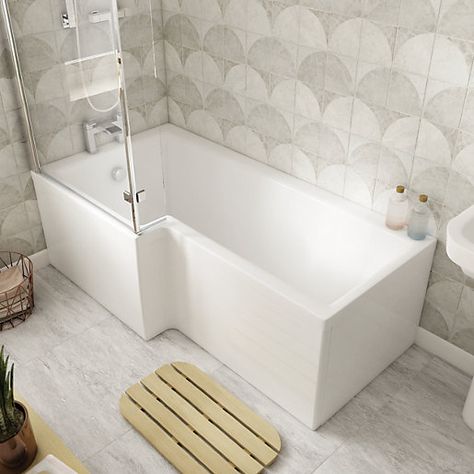 Wickes Veroli L Shaped Left Hand Shower Bath - 1500 x 850mm | Wickes.co.uk Small Bathroom With Bath, Bathroom With Shower And Bath, P Shaped Bath, L Shaped Bath, Small Bathroom Layout, Whirlpool Bath, Bath Panel, Bath Screens, Diy And Home Improvement