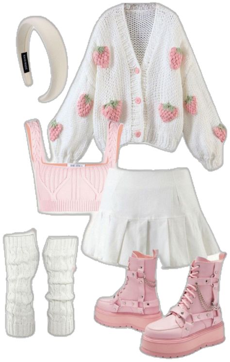 cute and sweet outfit ideas, girly, strawberry sweater, pink and white, boots, leg warmer, croptop, energetic Kawaii Inspired Outfits, Cute Cloudy Day Outfits, Cluttered Outfit, Candy Themed Outfit, Strawberry Outfit Aesthetic, Nisa Core, Casual Kawaii Outfits, Cute Core Outfit, Kawaii Clothes Outfits