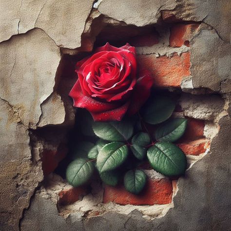 Rose growing inside brick wall Flowers On Brick Wall, Roses On Brick Wall, Roses Growing Up House, Don't Just Be Another Brick In The Wall, Overgrown Brick Wall, Roses Only, Cracked Wall, Brick Wall Background, Brick Art