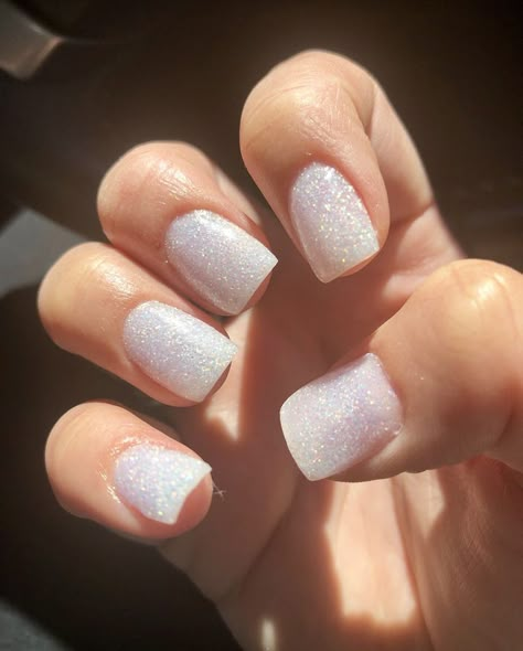 White Hoco Nails Short, Short Prom Nails Simple, Short Square Acrylic Nails Wedding, Sns Square Nails Short, White Sparkly Acrylic Nails Square, Short Square Acrylic Nails Sparkle, White Glitter Nails Acrylic Sparkle, Short Square Acrylic Nails White Glitter, Soft White Sparkle Nails