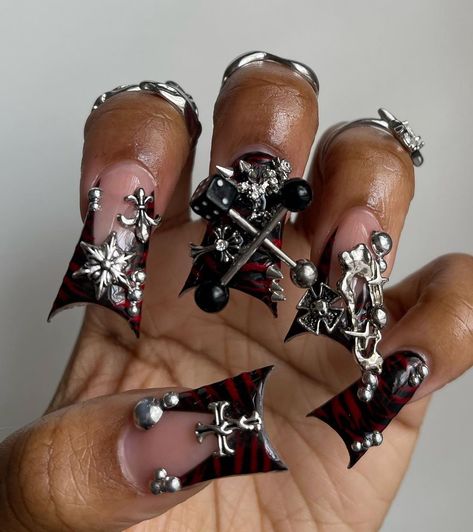 Black Junk Nails, Junk Nails, Punk Nails, Hard Nails, Duck Nails, Drip Nails, Ombre Acrylic Nails, Edgy Nails, Colored Acrylic Nails