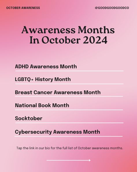 Every month, hundreds of national and international celebrations are dedicated to raising awareness and support for meaningful causes.⁠ ⁠ Keeping track of the next relevant awareness event can be challenging.⁠ We’re here to help!⁠ ⁠ 👉🏼 Tap the link in our bio to read our extensive list of causes, events, and additional opportunities to learn more about each topic.⁠ ⁠ #October #OptimismYourFeed #AwarenessDay October Awareness Month, Every Month, To Read, To Learn, Tap, The Next, Track, Instagram