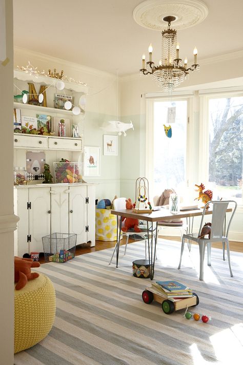 Maybe use a wide-stripe dhurri rug for the playroom instead of one with bright geographic patterns. Dining Room Alternatives, Kids Bedroom Inspiration, Playroom Decor, Dining Room Lighting, Kids Playroom, Kid Spaces, Dining Room Design, Formal Dining Room, On The Floor