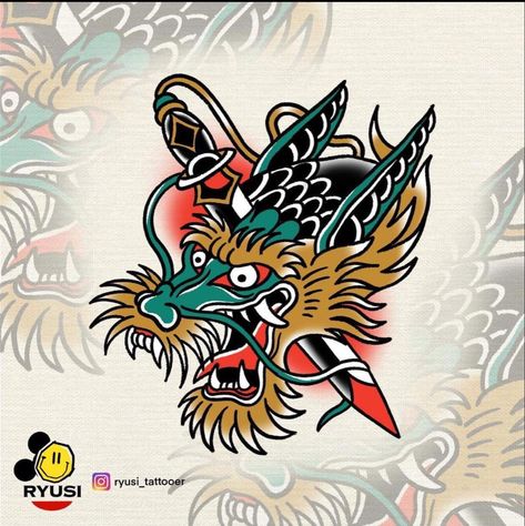 Traditional Dragon Head Tattoo, Japanese Traditional Tattoo Design, American Traditional Dragon, Traditional Style Tattoos, Traditional Tattoo Outline, Dragon Head Tattoo, Traditional Dragon, Filigree Tattoo, Traditional Style Tattoo