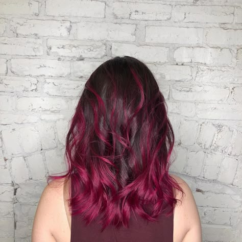 Magenta Balayage Brunette, Brown Hair With Colored Ends, Fuschia Hair Magenta, Magenta Hair Highlights, Fuschia Highlights, Colored Hair Ends, Magenta Balayage, Magenta Highlights, Fuschia Hair