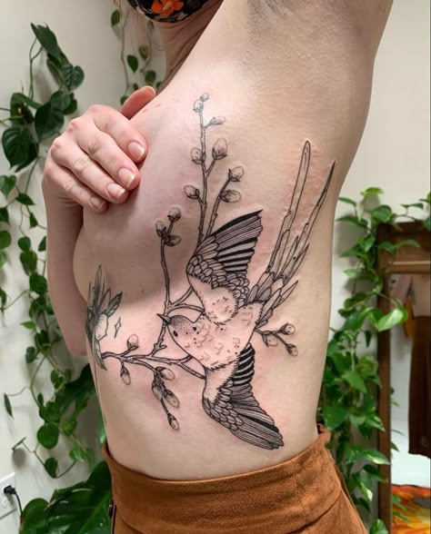 Side Bird Tattoos Women, Bicep Bird Tattoo Women, Rib Piece Tattoos For Women, Bird Stomach Tattoo, Bird Rib Tattoo, Bird Sternum Tattoo, Morticia Tattoo, Finch Tattoo, Chickadee Tattoo