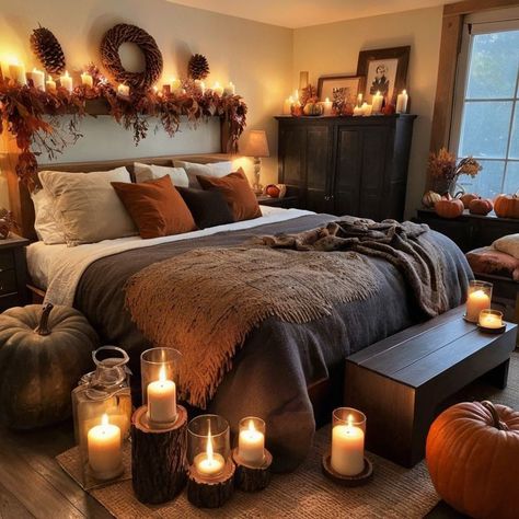 Candles Aesthetic Bedroom, Fall Ideas For Home, Aesthetic Sleep, First Apartment Decor, Autumn Bedroom, Peaceful Aesthetic, Cosy Fall, Project Room, Autumn Room