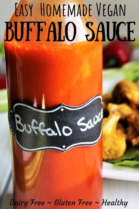 An easy vegan buffalo sauce recipe made with just a few simple ingredients that can be whipped up in about a minute! It dairy free and gluten free. It tastes great on vegan buffalo cauliflower and vegan buffalo chicken made with soy curls. #buffalosauce #vegan #thehiddenveggeis via @https://www.pinterest.com/gfveganmeals/ Healthy Buffalo Sauce Recipe, Vegan Buffalo Sauce Recipe, Vegan Buffalo Chicken, Vegan Buffalo Sauce, Buffalo Sauce Recipe, Vegan Buffalo Cauliflower, Soy Curls, Homemade Buffalo Sauce, Hot Sauce Recipes