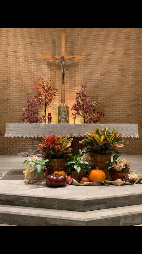 Feast of St Jude, fall church decorations St Jude Catholic Church Fall Flowers For Church Altar, Thanksgiving Altar Decorations, Fall Stage Decorations Church, Fall Altar Decorations Church, Fall Church Decorations Sanctuary, Fall Decor For Church Sanctuary, Fall Church Decor, Church Thanksgiving Decorations, Church Fall Decorations