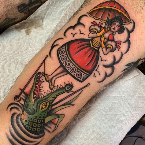 Deco Tattoo, Penny Farthing Tattoo, Traditional Style Disney Tattoo, Disney American Traditional Tattoo, Traditional Alice In Wonderland Tattoo, American Traditional Disney Tattoo, Traditional Disney Tattoo, Weird Traditional Tattoo, Disney Traditional Tattoo