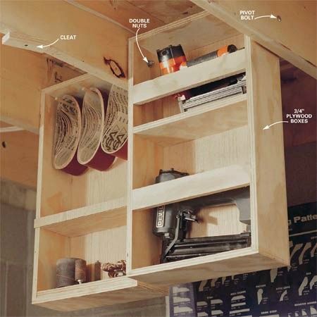 ceiling-joist-shelving-under-home-hidden-storage Overhead Storage Rack, Lumber Storage, Ceiling Storage, Attic Storage, Attic Renovation, Attic Remodel, Small Workshop, Shop Storage, Diy Garage