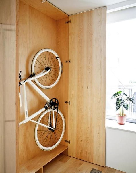 Bike Closet Small Apartment Bike Storage, Mancave Interior, Bike Storage Small Space, Small Apartment Storage Solutions, Apartment Storage Solutions, Kids Bike Storage, Bike Storage Ideas, Bike Storage Home, Bike Storage Apartment