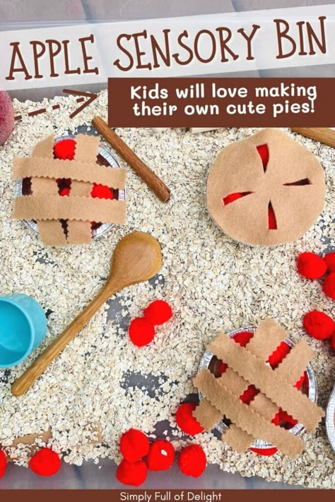 Apple Activities For Kids, Apple Sensory Bin, Pie Sensory Bin, Sensory Bin For Preschoolers, Apple Sensory, Preschool Apple Theme, Fall Sensory Bin, Sensory Activities For Preschoolers, Apple Picking Season