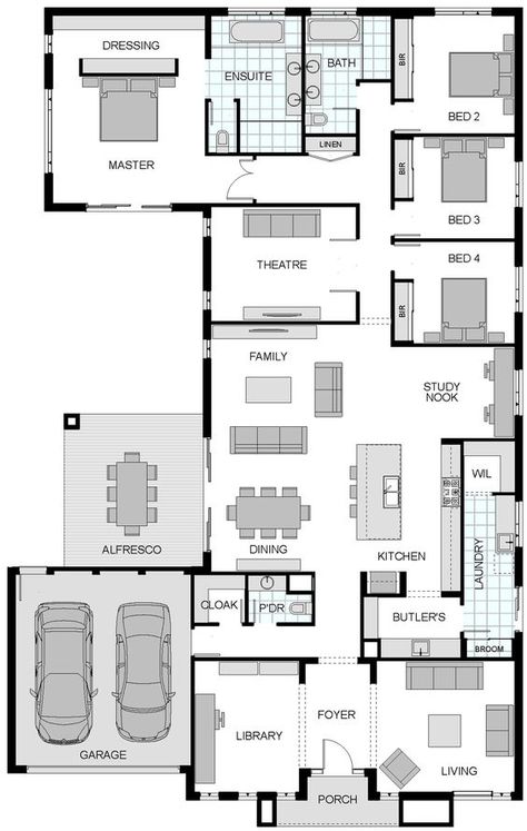 Floor Plan Friday: Huge family home with library or 5th bedroom Home Blueprints Floor Plans 4 Bedrooms, Triple Garage, Nook Dining, Library Space, Pet Room, Open Floor Plan Kitchen, Rumpus Room, Library Office, Workout Space