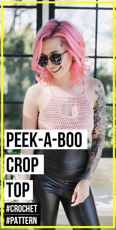 crochet Peek-A-Boo Crop Top pattern - easy crochet top pattern for beginners Easy Crochet Top Pattern, Easy Crochet Top, Crop Top Crochet, Crochet Patterns Free Beginner, Crop Top Pattern, Crochet Swimwear, Crochet Bralette, Crochet Halter, Crochet Top Pattern