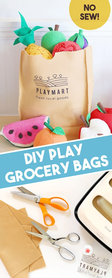 Pretend Farmers Market, Cricut Pretend Play, Felt Grocery Bag, No Sew Felt Toys, Pretend Play Food Diy, Toy Grocery Store, Diy Farmers Market Stand Kids, Pretend Grocery Store Diy, Play Store For Kids Diy