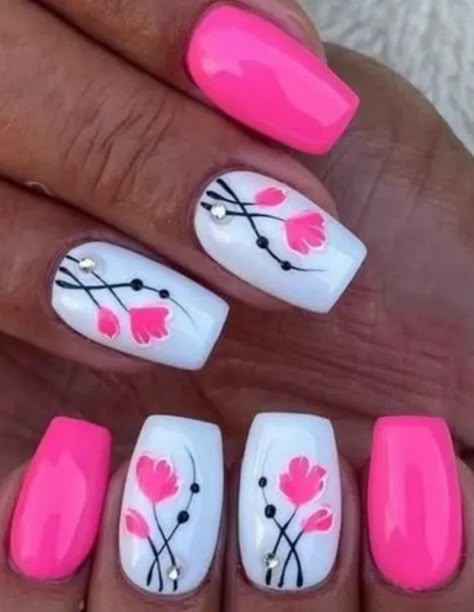 Simple Nail Designs For Long Nails, Pink Rose Nail Designs, Rose Nail Designs, Designs For Long Nails, Rose Nail Design, Pink Nail Design, French Manicure Nail Designs, Pedicure Designs Toenails, Pedicure Nail Designs