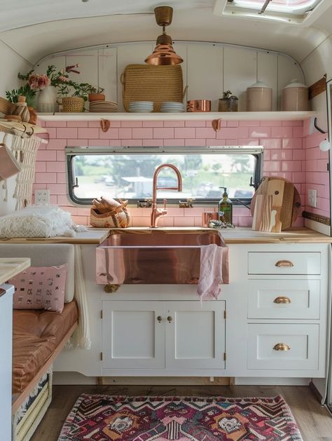 95+ Boho and Hippie Camper Design Ideas - TastyInteriors Interior Trailer Remodel, Girly Camper Remodel, Pink Trailer Home, Pink Camper Interior, Interior Camper Ideas, Airstream Remodel Interior, Small Kitchen Vintage, Boho Pop Up Camper, Cute Camper Interior