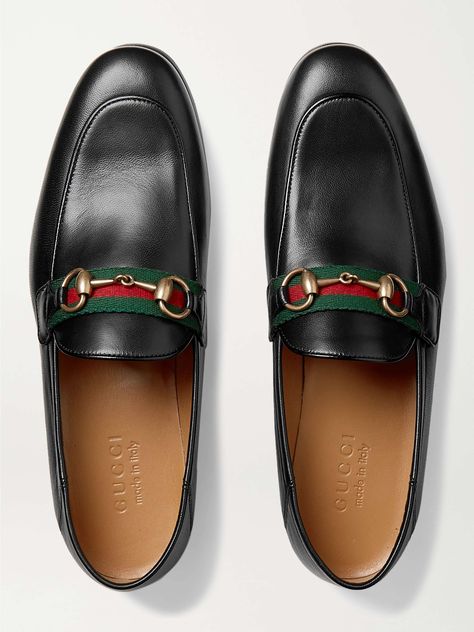 Shop GUCCI Brixton Webbing-Trimmed Horsebit Collapsible-Heel Leather Loafers, Explore the latest in-season GUCCI collection today on MR PORTER Gucci Loafers Men, Gucci Dress Shoes, Gucci Brixton, Leather Loafers For Men, Gucci Shoes Loafers, Loafers Gucci, Shop Gucci, Gucci Collection, Mens Leather Loafers