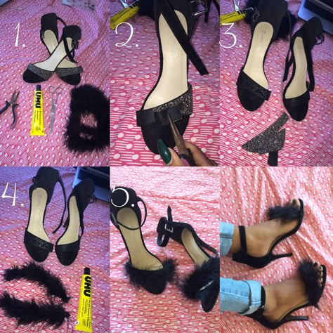 High Heel Makeover Diy, Diy Heels Makeover Ankle Straps, Diy Rhinestone Shoes High Heels, Diy Heels Makeover, Diy Faux Fur, Diy Heels, Faux Fur Heels, Shoe Refashion, Jewels Diy