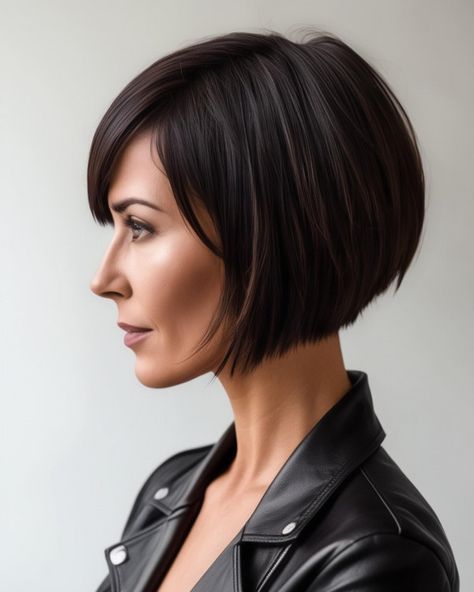 stacked bob, short haircuts for women over 40 Short Hair With Angles, Bob Angled Haircut, Chin Length Stacked Bob, Short Angled Bob, Back Bob Haircut Views, Short Bob For Fine Hair, Stacked Angled Bob Haircut For Fine Hair, Angled Bob With Side Bangs, Angles Bob