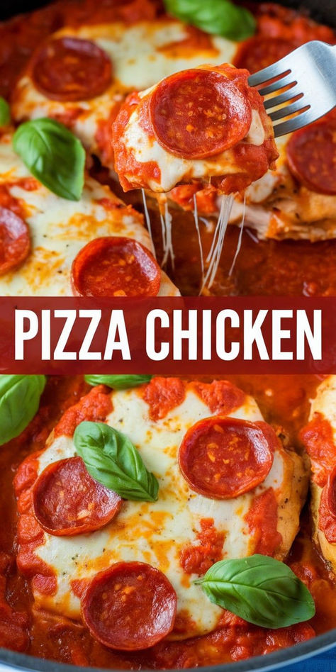 Pizza Chicken Baked Chicken Pizza, Chicken Breast Pizza, Pizza Stuffed Chicken, Chicken Pizza Recipes, Pizza Chicken, Chicken Crispy, Pizza Fries, Dinner Delicious, Pizza Flavors