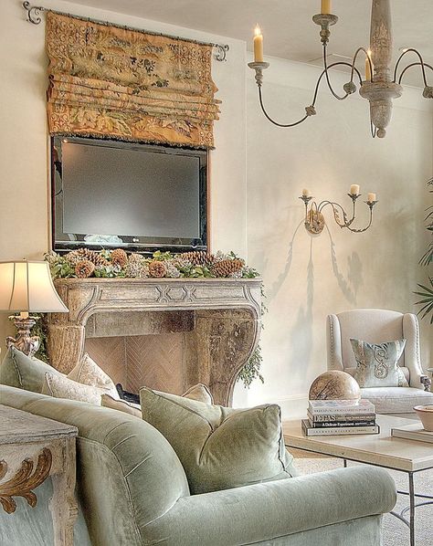 Eye For Design: Stylish Ways To Incorporate TVs Into Your Interiors Houston Interior Designers, Hidden Tv, Tv Covers, French Country Living Room, Flat Screen Tv, Country Living Room, French Decor, A Living Room, French Country Decorating