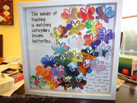 framed butterfly art Teacher Gifts From Class, Framed Butterfly, Class Art Projects, Card Butterfly, Room Parent, Appreciation Gifts Diy, Teacher Appreciation Gifts Diy, Student Teacher Gifts, School Auction