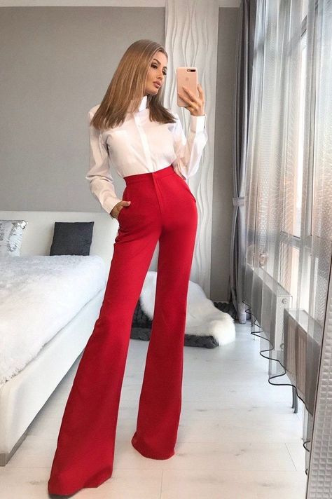 f18a6d1cde4b205199de8729a6637b42desc47399279ri Red Trousers Outfit, Red Pants Outfit, Red And White Outfits, Red Trousers, Diy Vetement, Red Suit, Classy Work Outfits, Graduation Outfit, Red Pants