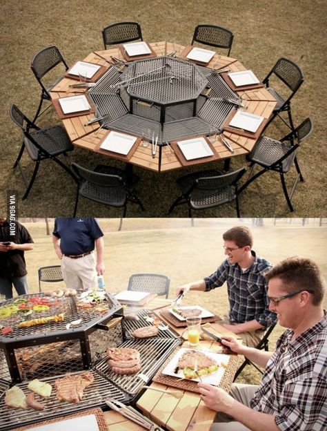 Best BBQ table ever!  Didn't really have a board for this but wanted to save it....would be great for a permanent camp/vacation site where the whole family (etc) gets together. Grilling Food, Table Grill, Bbq Table, Grill Table, Bbq Pit, Best Bbq, Bbq Grill, Outdoor Fun, Outdoor Cooking