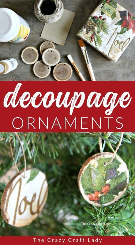 Diy Napkin Ornaments, Decorating Wood Slices, Decoupage Wood Slice Ornaments, Round Crafts Diy Projects, Easy Handmade Ornaments Christmas, Christmas Card Ornaments Diy, Nome Christmas Ornament, Round Wood Ornaments Ideas Diy, Diy Christmas Ornaments With Wood Slices