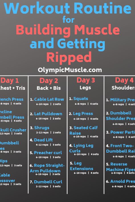 Follow this 4 day workout split for optimal muscle building. Click for more info! #fitness #workoutmotivation #gym #workoutroutine #gymmotivation #training #exercise #gymlife #workout #workoutfit #workoutoftheday 4 Day Workout Split, 4 Day Workout Routine, 4 Day Workout, Back And Bis, Workout Split, Lat Pulldown, Workout Splits, Workout Plan Gym, Muscle Building