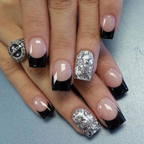 Black And White Nails, Silver Nail Designs, Nail Tip Designs, Latest Nail Designs, French Tip Nail Designs, Pedicure Designs, French Acrylic Nails, Super Nails, Great Nails