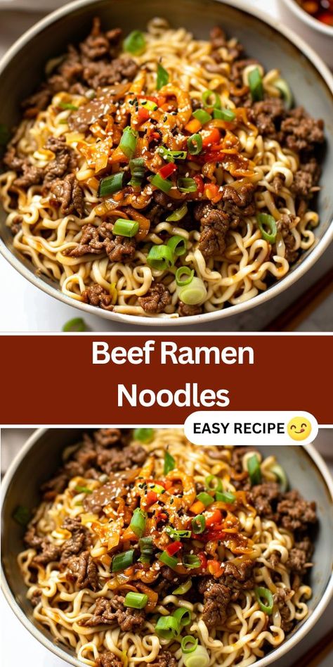 Looking for a quick and delicious dinner? Try this Beef Ramen Noodles recipe! Featuring savory ground beef, creamy peanut butter, and tangy hoisin sauce, this dish is packed with flavor. Ready in just 20 minutes, it combines tender ramen noodles with a spicy kick from sriracha and fresh ginger. Perfect for a busy weeknight, this easy one-pan meal is sure to satisfy. Beef Ramen Noodle Recipes Easy, Beef Ramen Noodle Recipes, Beef Ramen Noodles, Ramen Noodles Recipe, Ramen Noodle Recipes Easy, Beef Ramen, Hamburger Helper Recipes, Easy Teriyaki Chicken, Noodle Recipes Easy