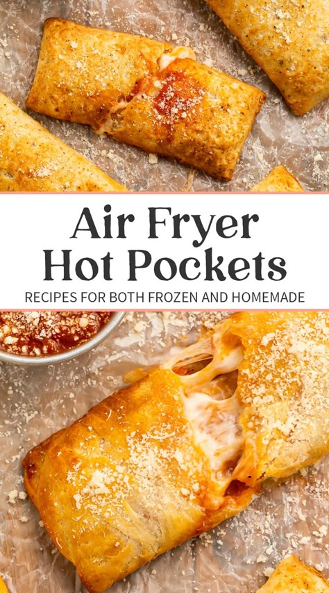 Forget those cardboard sleeves. The air fryer is hands-down the BEST way to get perfect, crispy, crunchy, flaky hot pockets - no matter whether you're cooking them straight out of the freezer or making homemade versions with the kids. We're talking extra crispy crust, evenly hot pizza sauce, and ooey, gooey, melty mozzarella cheese... all thanks to the air fryer. Air Fryer Lunch Ideas For Kids, Pocket Sandwiches, Hot Pocket Recipes Homemade, Air Fryer Wrap Recipes, Air Fryer Pizza Pockets, Hot Pockets In Air Fryer, Hot Pockets Homemade, Freezer Hot Pockets, Air Fryer Hot Pockets