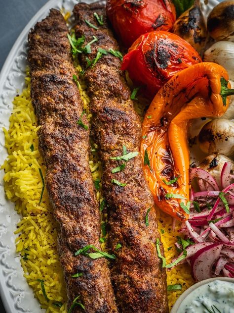 Kabob Koobideh (Persian Beef Kebab Recipe) - Urban Farm and Kitchen Lebanese Kabobs, Kebab Side Dishes, What To Serve With Shish Kabobs, Grilled Shish Kabobs, Koobideh Kabob Recipe, Kabob Koobideh, Persian Beef, Koobideh Recipe, Beef Kofta Recipe