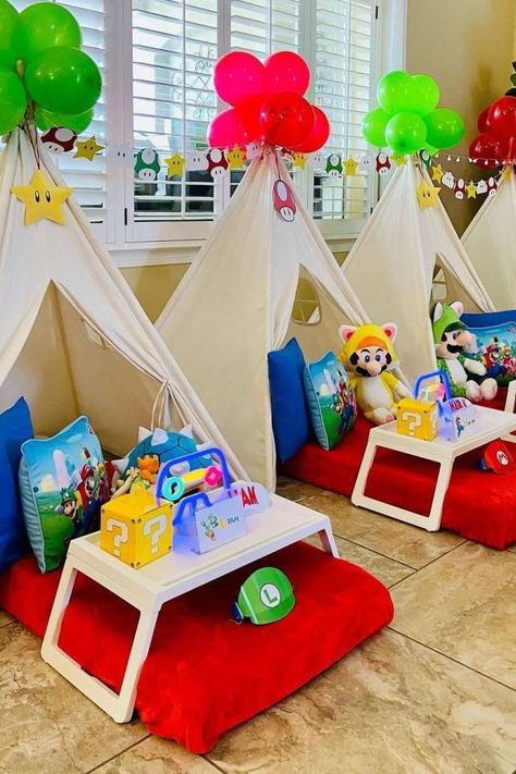 Check out this fun Super Mario Bros sleepover! The teepees are awesome!! See more party ideas and share yours at CatchMyParty.com Mario Sleepover Party, Video Game Sleepover Party, Boys Sleepover Party Ideas, Mario Slumber Party, Sleepover Party Themes, Gamer Teepee Party, Gamer Sleepover Tents, Luxury Sleepover, Picnic Events