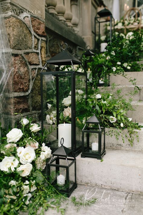 Bianca and Daniel - Rachel A. Clingen Wedding & Event Design Stairs Wedding Decor, Black Lantern Wedding, Reception Design Wedding, Staircase Flowers, Wedding Staircase Decoration, Wedding Flowers Candles, Wedding Stairs, Ancaster Mill, Wedding Staircase