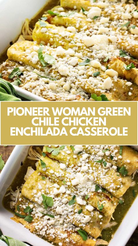 Pioneer Woman Green Chile Chicken Enchilada Casserole recipe features chicken, corn tortillas, green chile enchilada sauce, Monterey Jack cheese, and reduced-fat sour cream. It takes 105 minutes to prepare and serves 6 people. Casserole Recipes Enchilada, Chicken Enchiladas Rotisserie, Southwest Chicken Enchiladas, The Best Chicken Enchiladas Ever, Hatch Green Chile Chicken Enchiladas, Trader Joes Enchilada Recipe, Healthy Green Chili Chicken Enchiladas, Healthy Green Enchiladas, The Best Enchiladas Ever